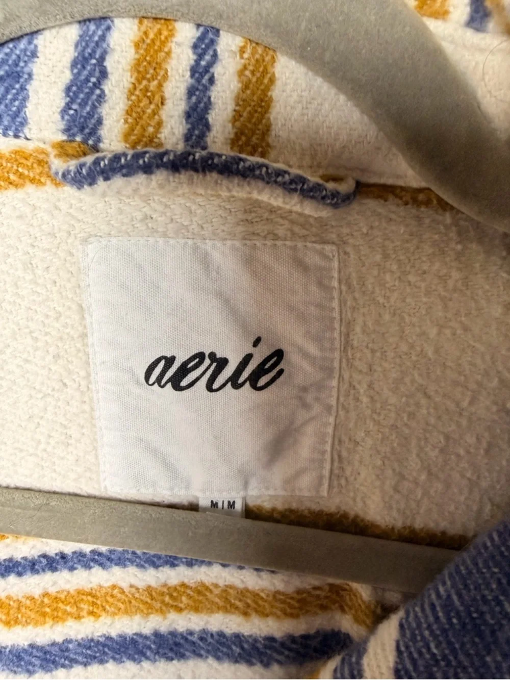 Aerie Oversized Flannel Shacket Jacket Cream Blue Stripe Cotton Size M - Picture 10 of 13